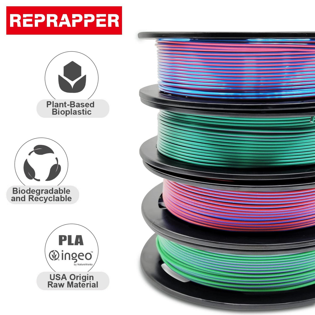 Reprapper Dual Color PLA, Coextrusion Dual Color PLA Filament 1.75mm for 3D Printer, Muliticolor Silk PLA Like Rainbow, 4 x 250g Unboxing Pack RepRapper