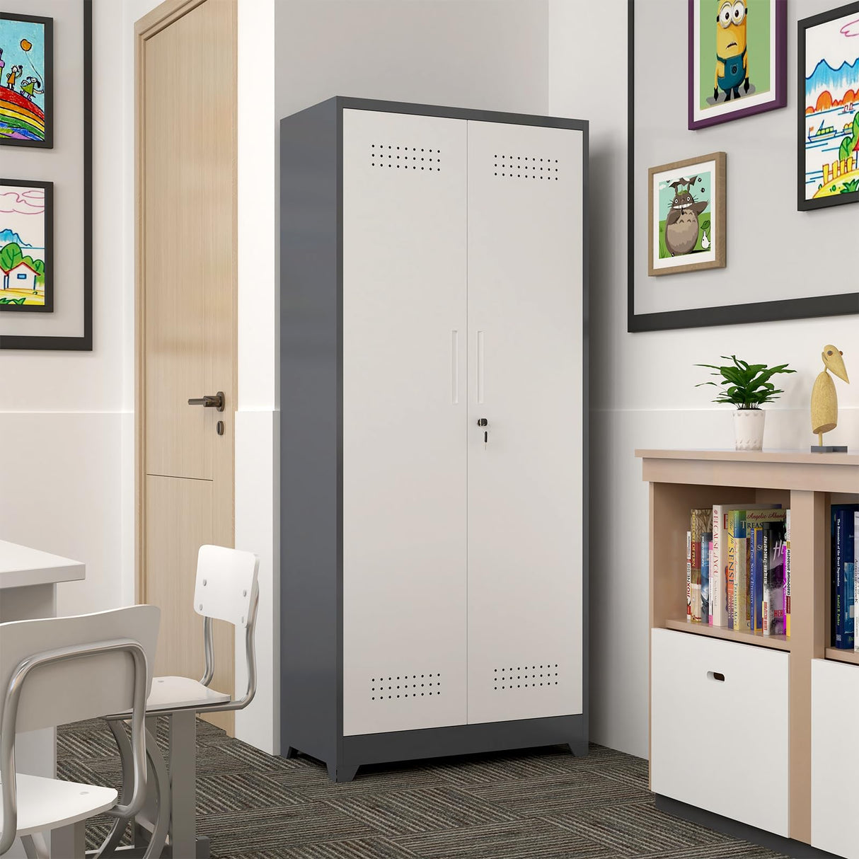 GREATMEET 72.8" H Metal Garage Storage Cabinets, Lockable Broom Closet Storage Cabinet with Doors and Shelves, Utility Cabinets for Storage Locker, Grey-White GREATMEET