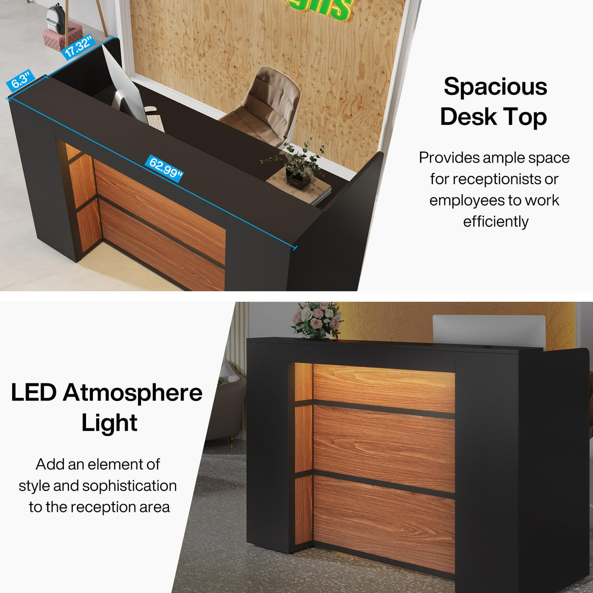 Tribesigns Modern Reception Desk with LED Lights, 63 Inches Front Counter Table for Reception Room, Lobby, Beauty Salon, Retail, Large Checkout Counter for Store Shop Clinic Office (Black&Brown) Tribesigns