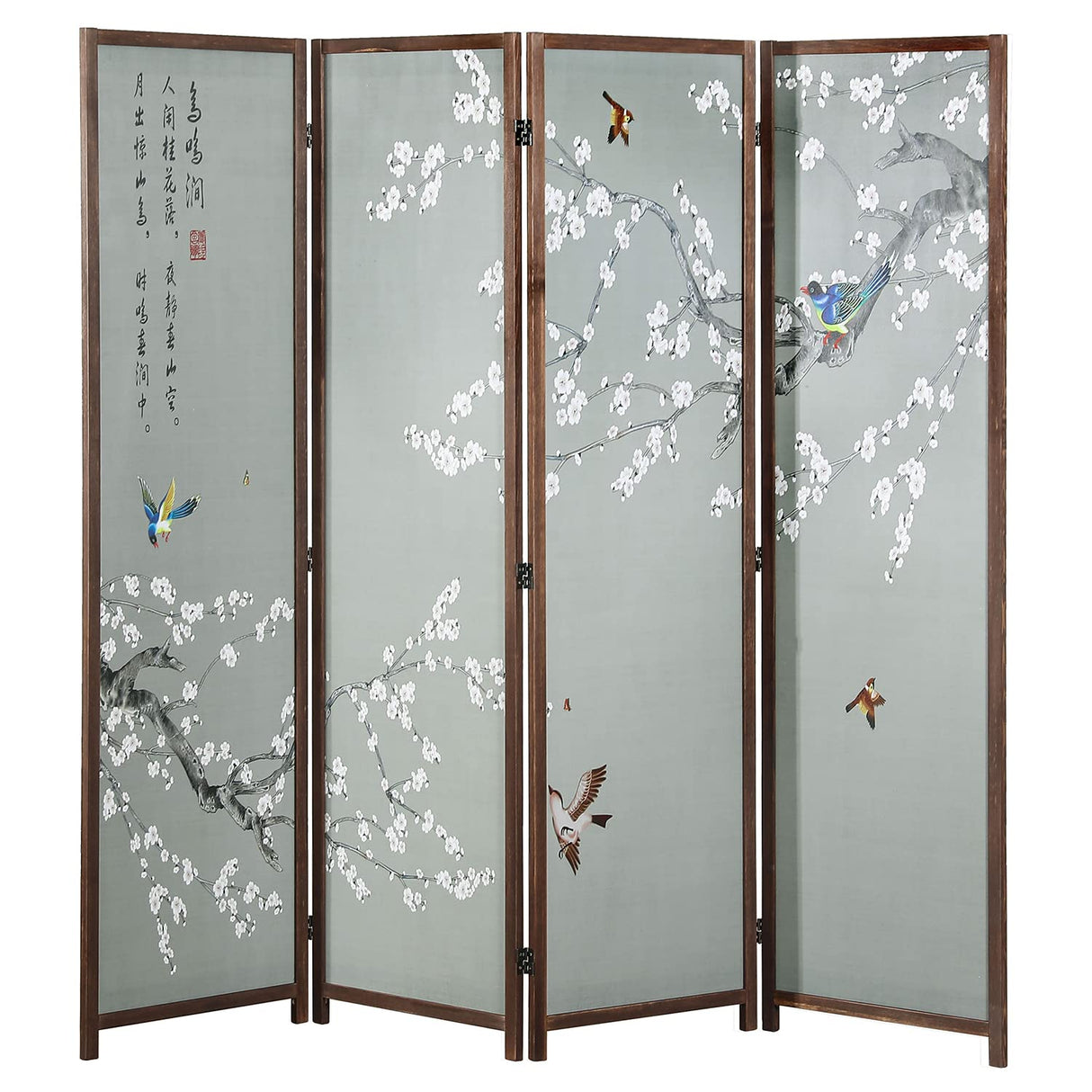 MyGift 4-Panel Asian-Inspired Folding Room Divider with Cherry Blossom Tree & Bird Design Poetry Calligraphy and Brown Wooden Frame MyGift