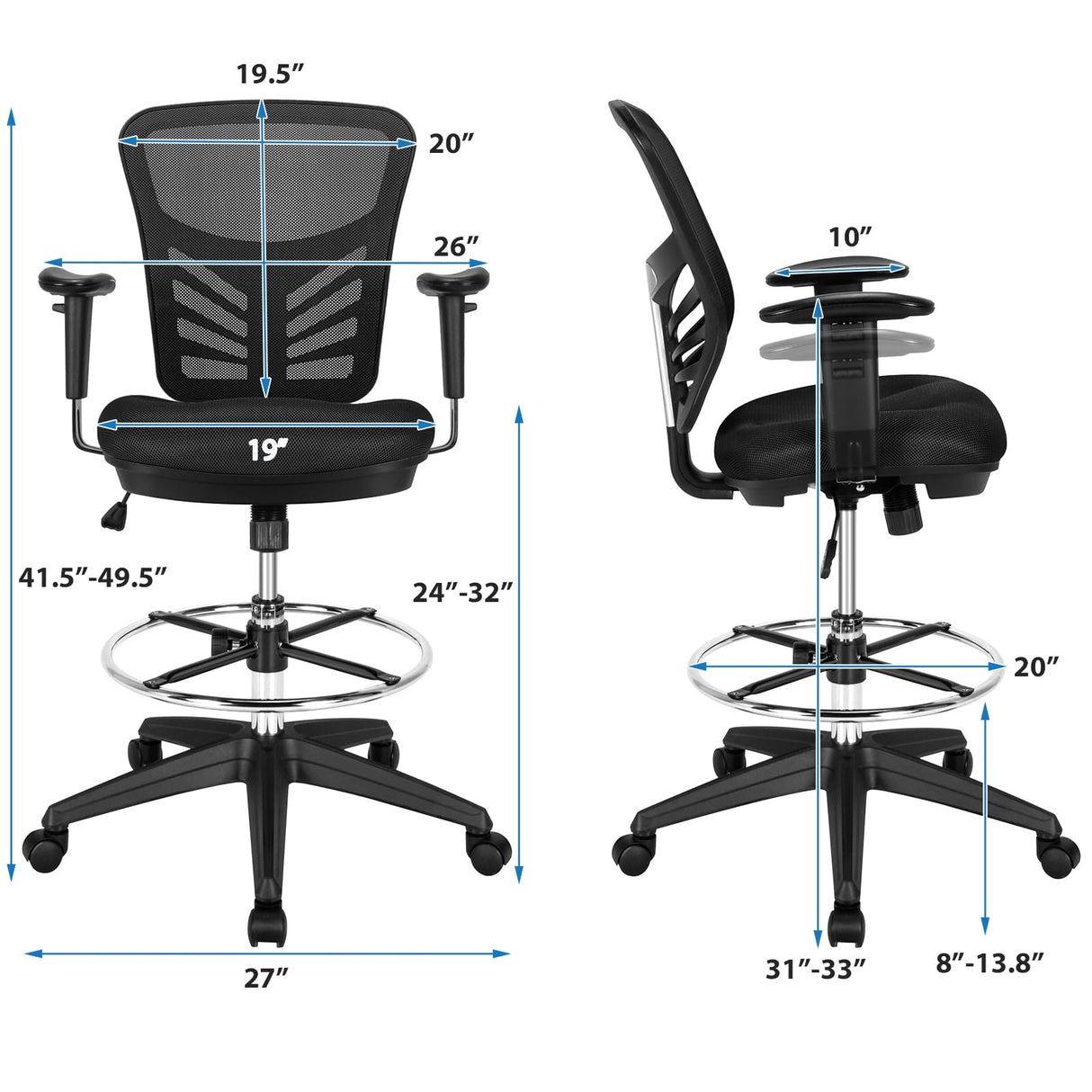 POWERSTONE Drafting Chair, Ergonomic Standing Desk Chair Adjustable Height, Tall Office Chair with Adjustable Armrests and Footrest Ring, High Computer Chair for Tall Desk, Standing Desk POWERSTONE