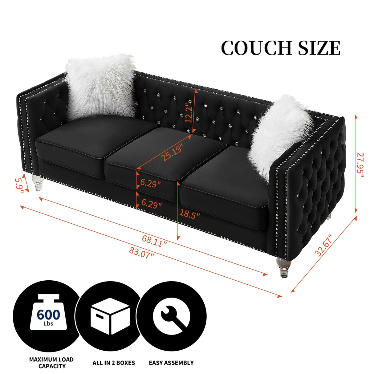 Homies Life 83" Chesterfield Sofa, Velvet Mid-Century Modern Upholstered Couch with 2 Throw Pillows and Acrylic Legs, Nailhead Button Tufted Vintage Sofa for Living Room, Apartment, Office, Black Homies Life