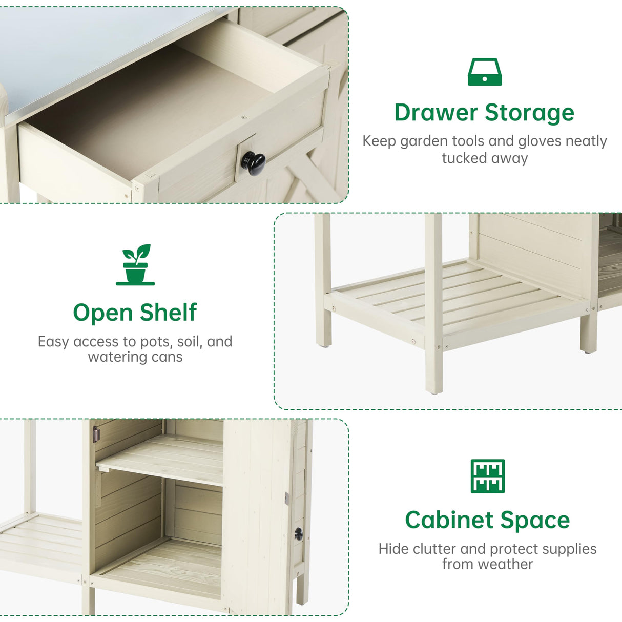 Outdoor Potting Bench with Storage Cabinet & Metal Tabletop, Garden Work Table, Wood Planting Workstation for Patio, w/Drawer HABAU