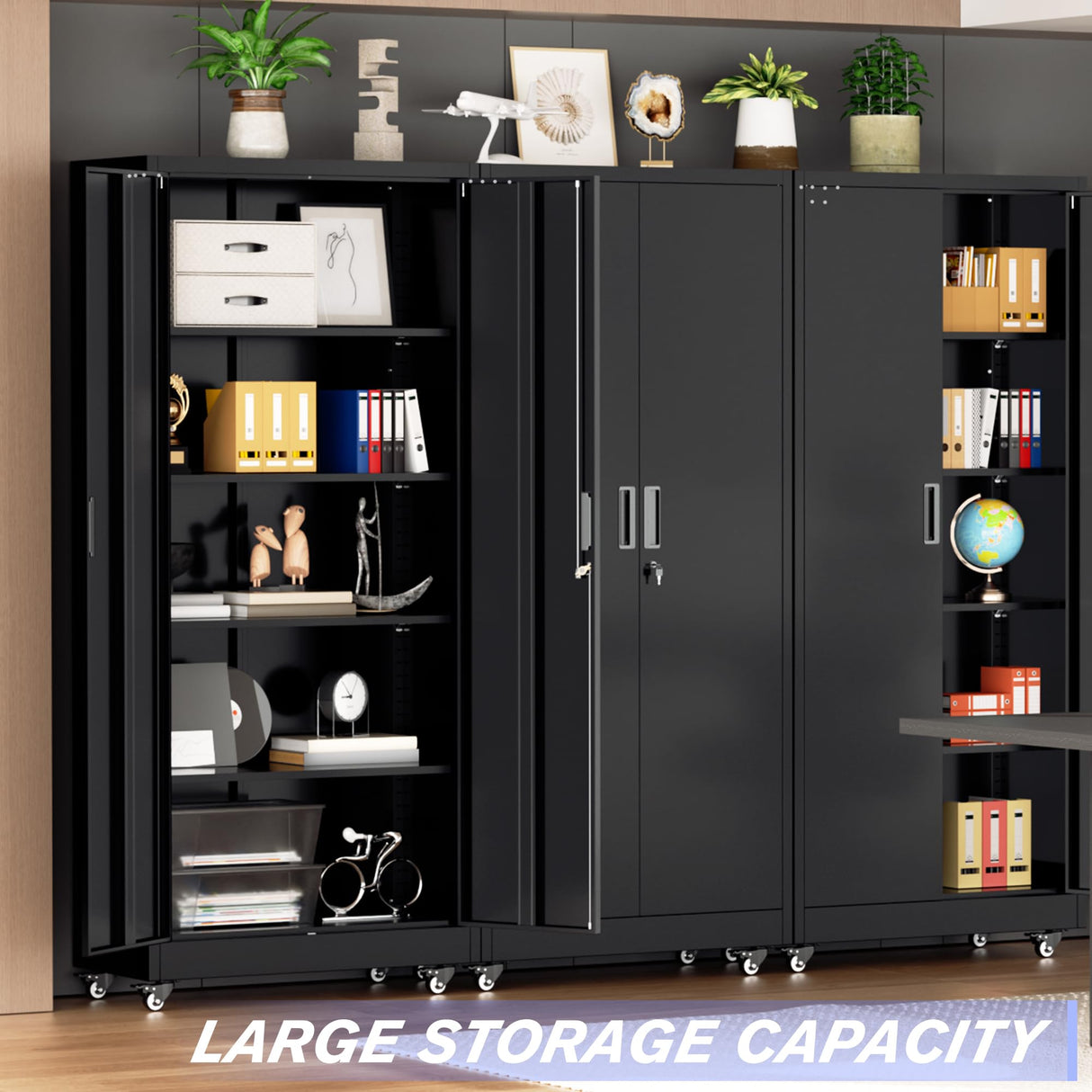 Superday Garage Storage Cabinet with Wheels,73" H Metal Storage Cabinet with Doors and Adjustable Shelves, Lockable Steel Utility Tool Cabinets for Garage, Home Office, Kitchen(Black) Superday