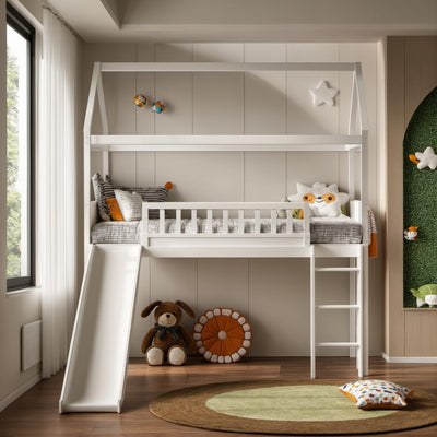 PVWIIK Full Size Loft Bed with Slide & Full-Length Guardrail for Kids, Teens, Girls, Boys,Solid Pine Wood Bed Frame w/Ladder,Save Space Design,No Box Spring Needed,White