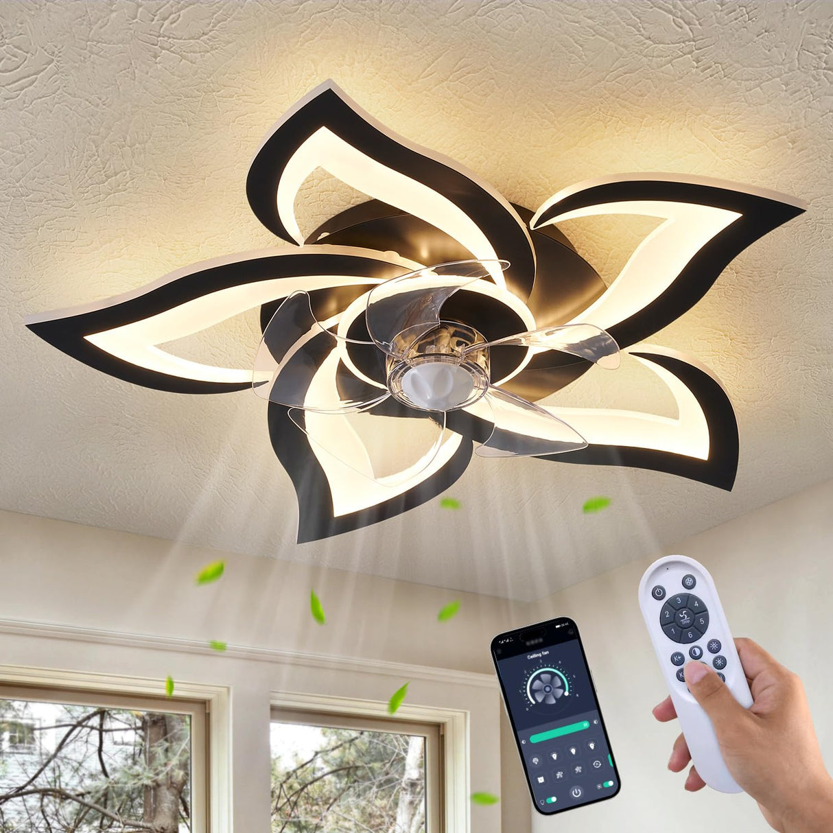 Dalouguan Ceiling Fan with Lights Remote Control, 24" Black, 6 Speeds 3 Light Color Low Profile Flush Mount Ceiling Fan for Kitchen Bedroom Dalouguan