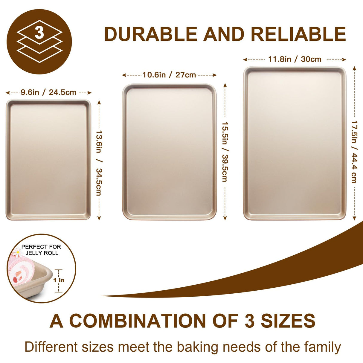 Baking Sheet Pan Set of 3, Commercial Cookie Sheets for Baking, Nonstick Half/Quarter/Jelly Roll Pans Replacement Toaster Oven Tray, Heavy Duty & Easy Clean, Champagne Gold Deedro