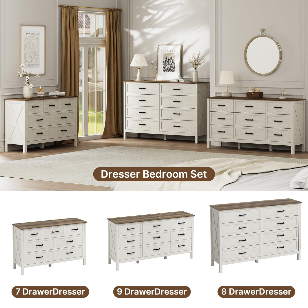 LYNSOM Farmhouse 7 Drawers Dresser for Bedroom, Wood Rustic Wide Chest of Drawers with Deep Drawers, Metal Handle, Storage Dressers Organizer for Entryway, Hallway, Antique White LYNSOM