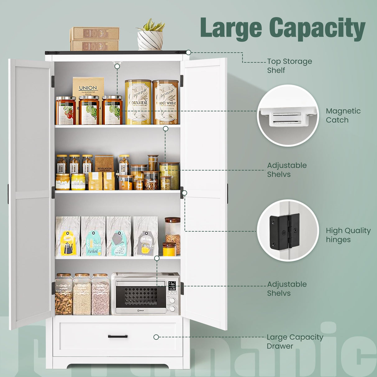Pamapic Farmhouse Kitchen Pantry Cabinet - 71" Tall Wooden Storage Cabinets with 2 Barn Doors, Versatile Storage Cabinet with Shelves & Drawers for Dining Room, Bathroom,White Pamapic