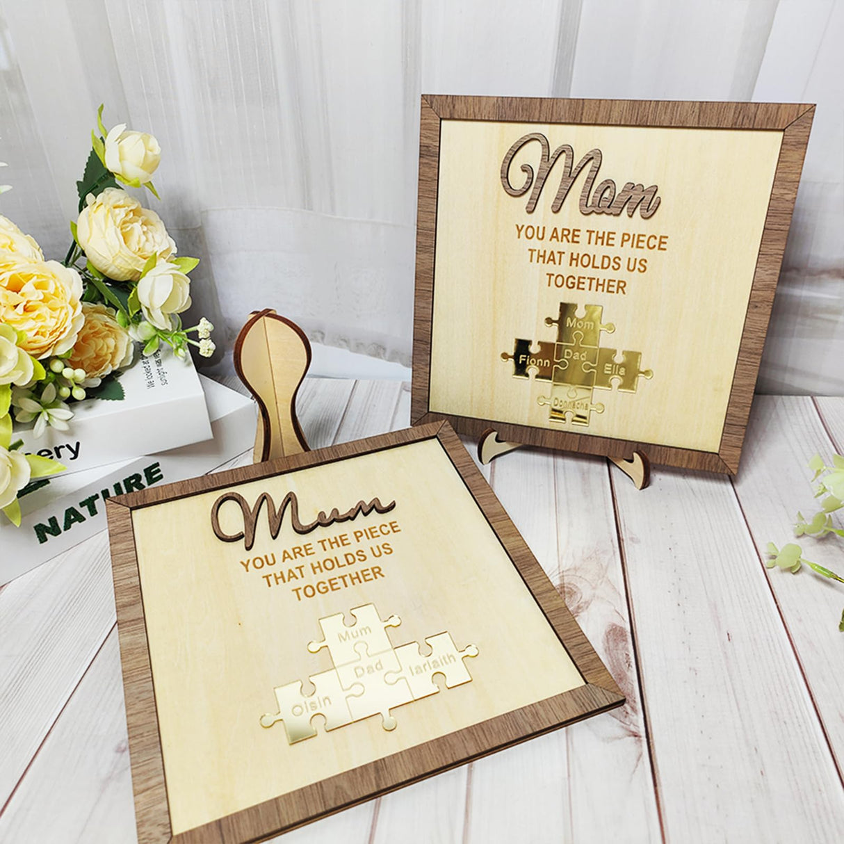 Personalized Wood Sign Mothers Day Gifts, Custom Mother's Day Present Puzzle Name Sign Frame, Desk Wooden Plaques Birthday Gifts for Mom Mum Mommy Mama Grandma from Daughter Son Husband Meigmi