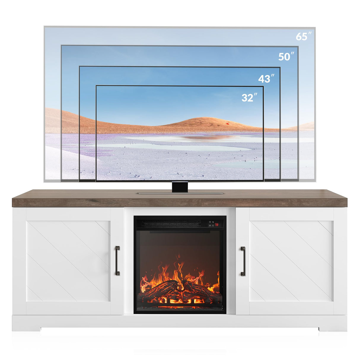 BELLEZE Modern 58" Farmhouse TV Stand with 18" Electric Fireplace Heater & Media Entertainment Center for TV up to 65", Console Table with Storage Cabinets - Hilo (White) BELLEZE