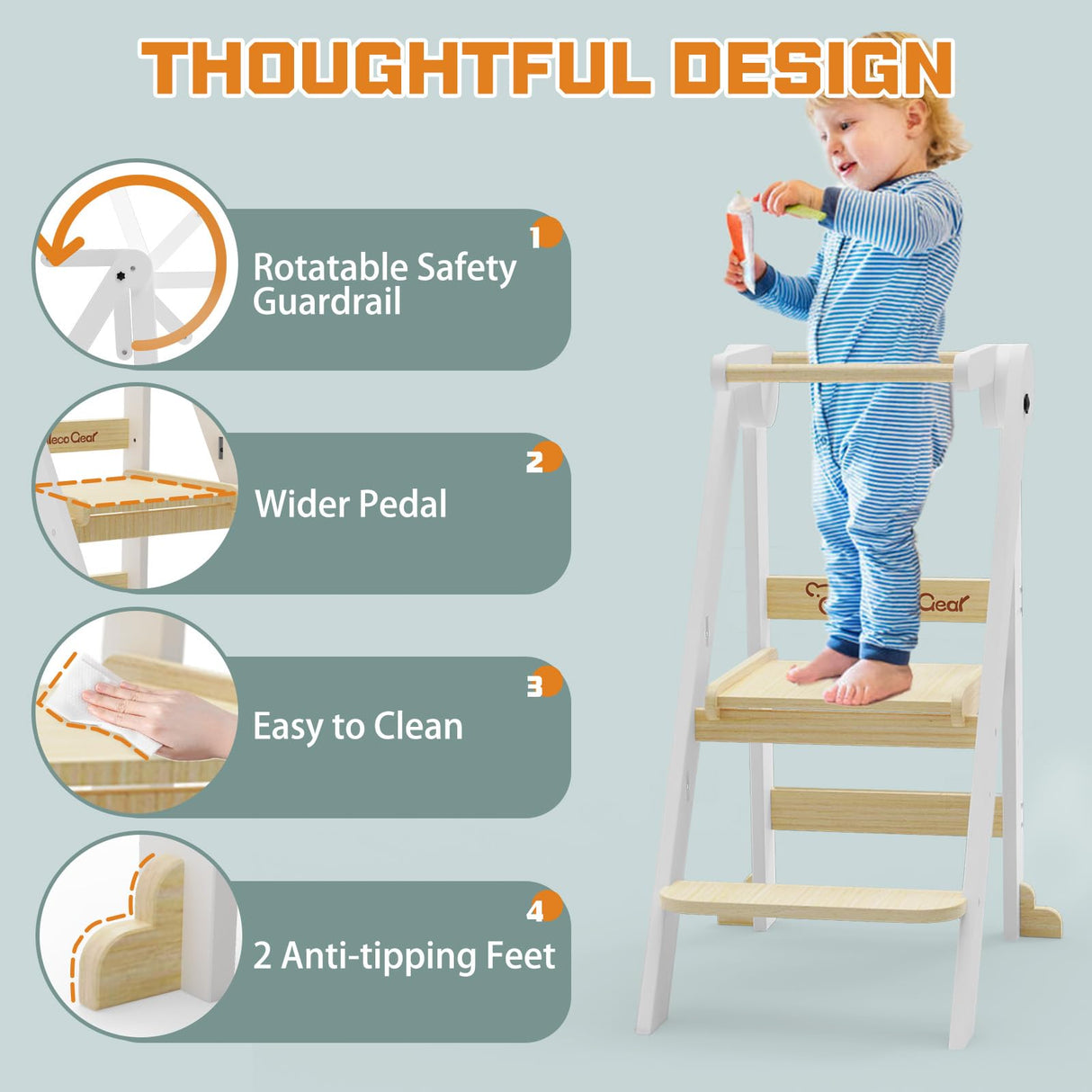 Foldable Toddler Kitchen Stool Helper, Toddler Tower with 3 Adjustable Height, Wooden Toddler Step Stool, Collapsible Toddler Tower, Toddler Stool for Kitchen and Bathroom CaMecequter