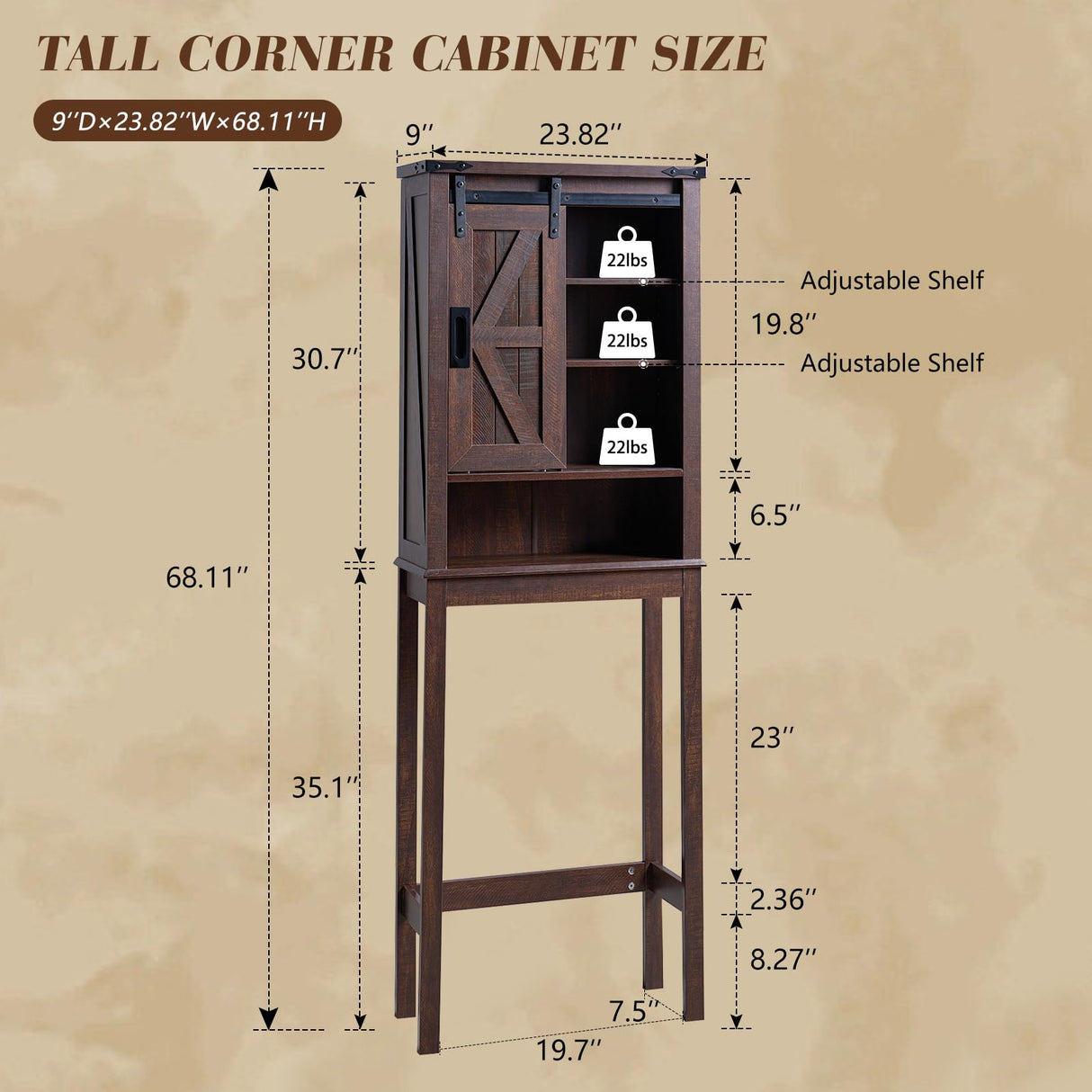 LUXOAK Farmhouse Over The Toilet Storage Cabinet, 68" Tall Bathroom Storage Cabinet with Sliding Barn Door & Adjustable Shelves, Above Toilet Storage for Bathroom, Laundry Room, Reclaimed Barnwood LUXOAK