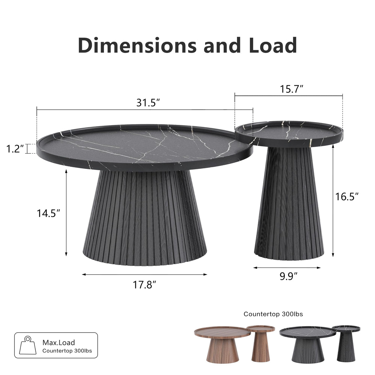 win2win Nesting Coffee Table Set of 2, Mid Century Modern Coffee Table with Marble Veneer, Fluted Round Tea Table and End Table Set, Minimalist Center Tables for Living Room, Office, Black win2win