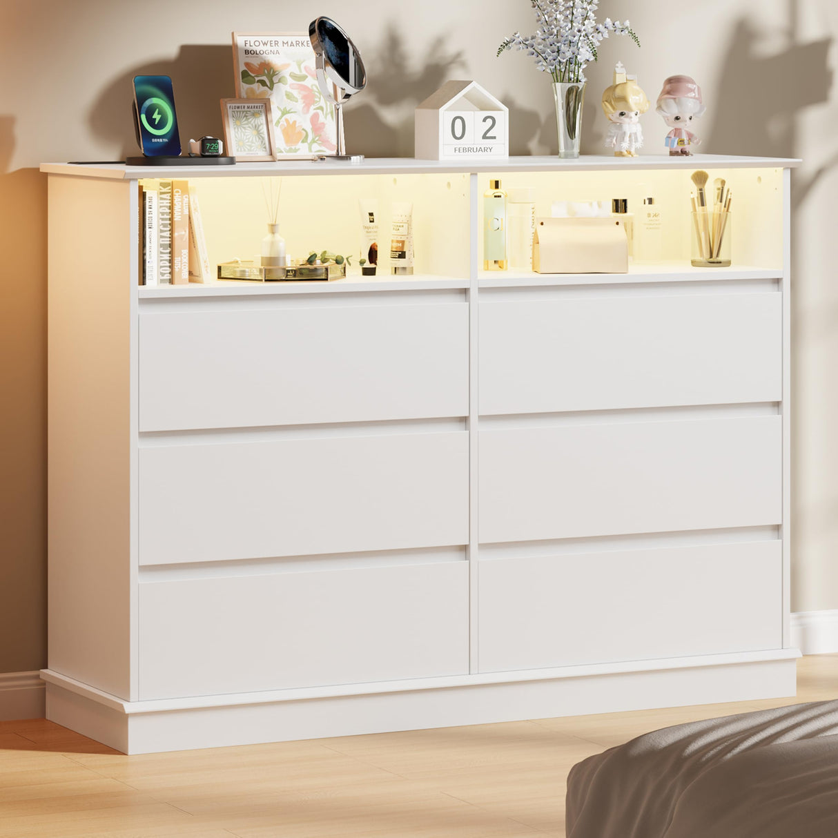 IDEALHOUSE 6 Drawer Dresser for Bedroom with LED Lights & Charging Station, Modern White Dresser with LED for Bedroom, Wide Chest of 6 Drawers with Open Storage Shelf for Living Room, Hallway, Closet IDEALHOUSE