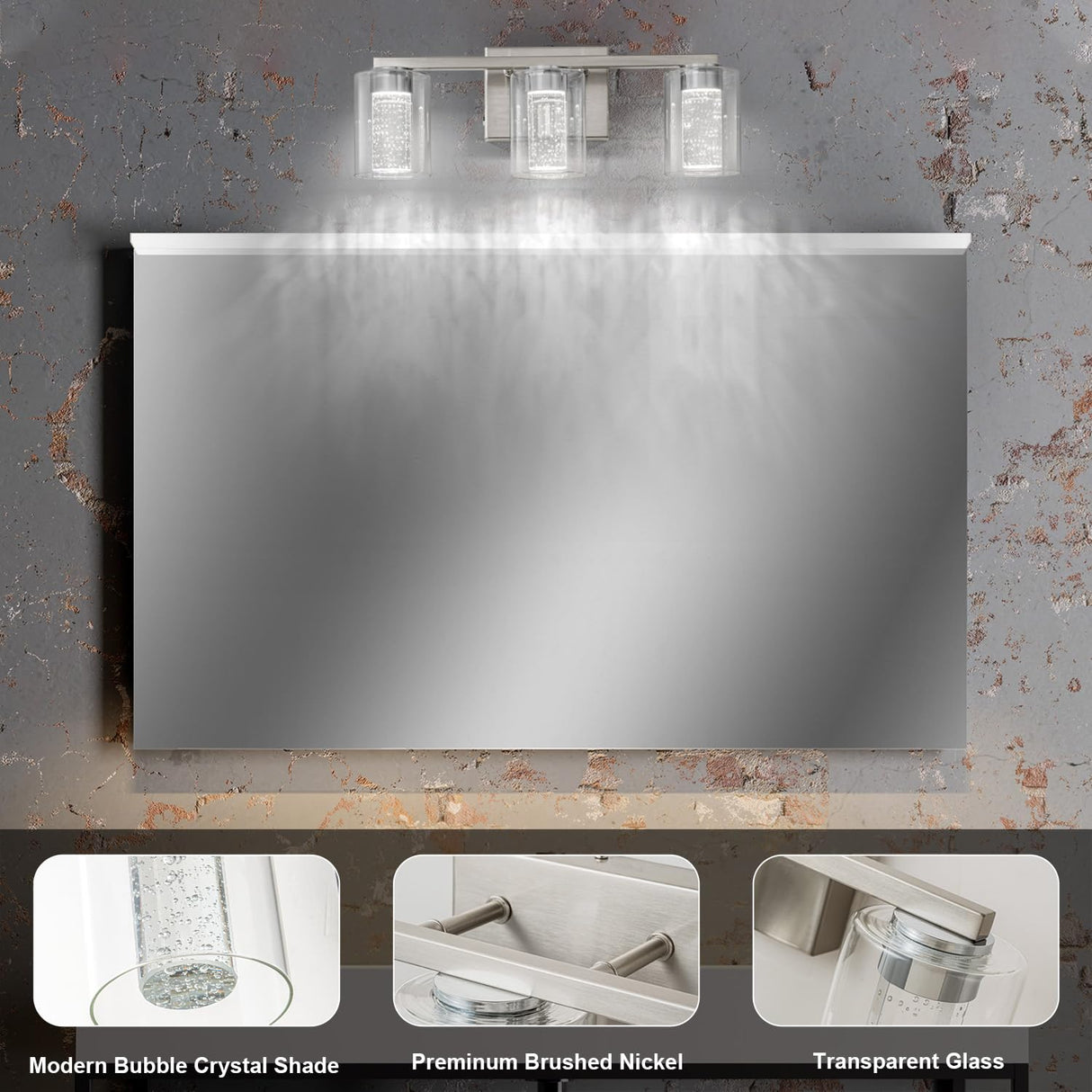 SineRise 3-Light Brushed Nickel Vanity Light with 3 Color Modes (3000K/4000K/6000K), Eye Protection LED Bathroom Light Fixture, Dimmable Modern Wall Light Over Mirror with Clear Glass Shade SineRise
