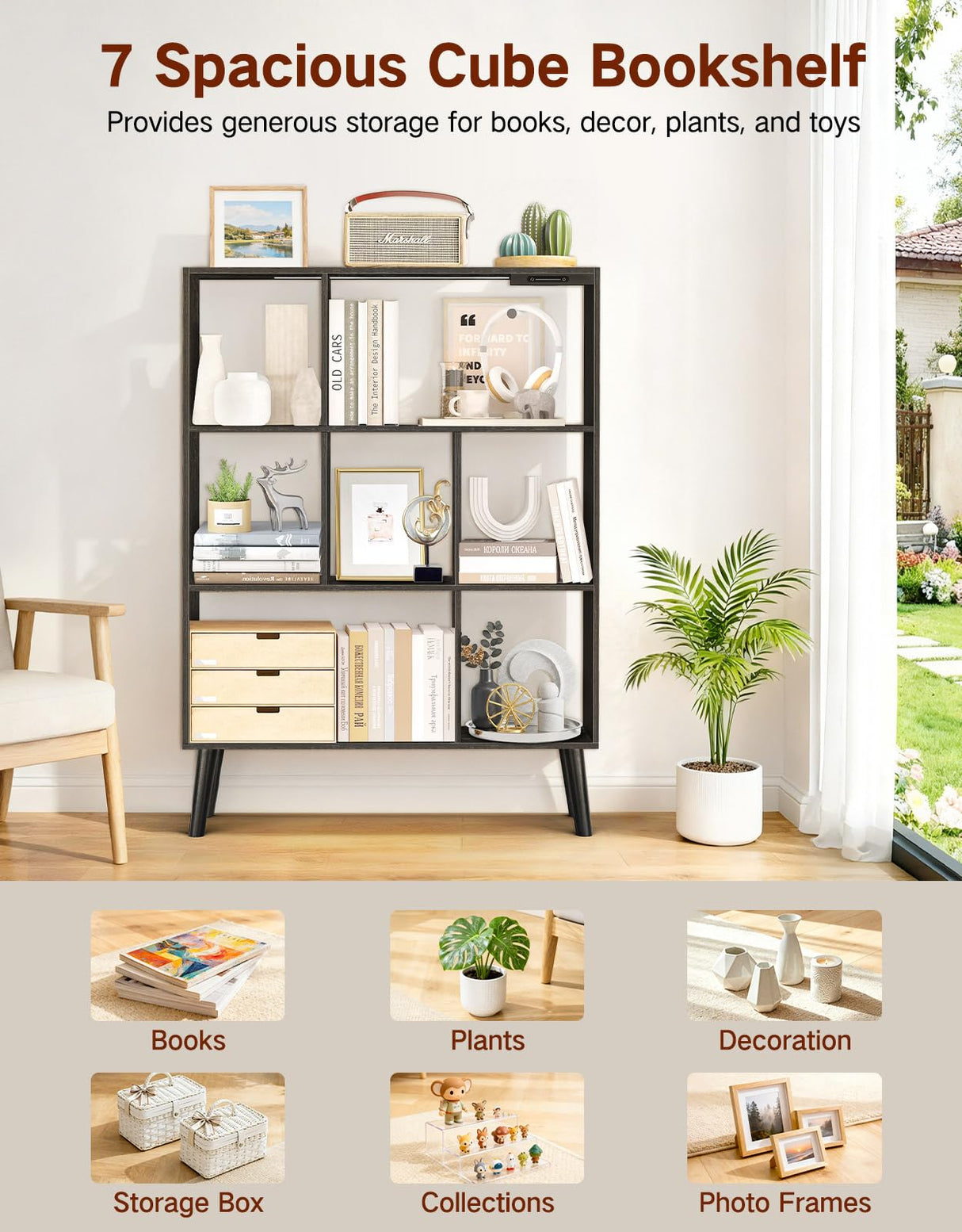 OUTONLIFE 7-Cube Bookshelf with LED Lights, Touch & Remote Control, Freestanding Open Bookcase Storage Shelf, Dimmable Modern Wooden Display Organizer with Legs for Living Room, Bedroom, Office(Black) OUTONLIFE
