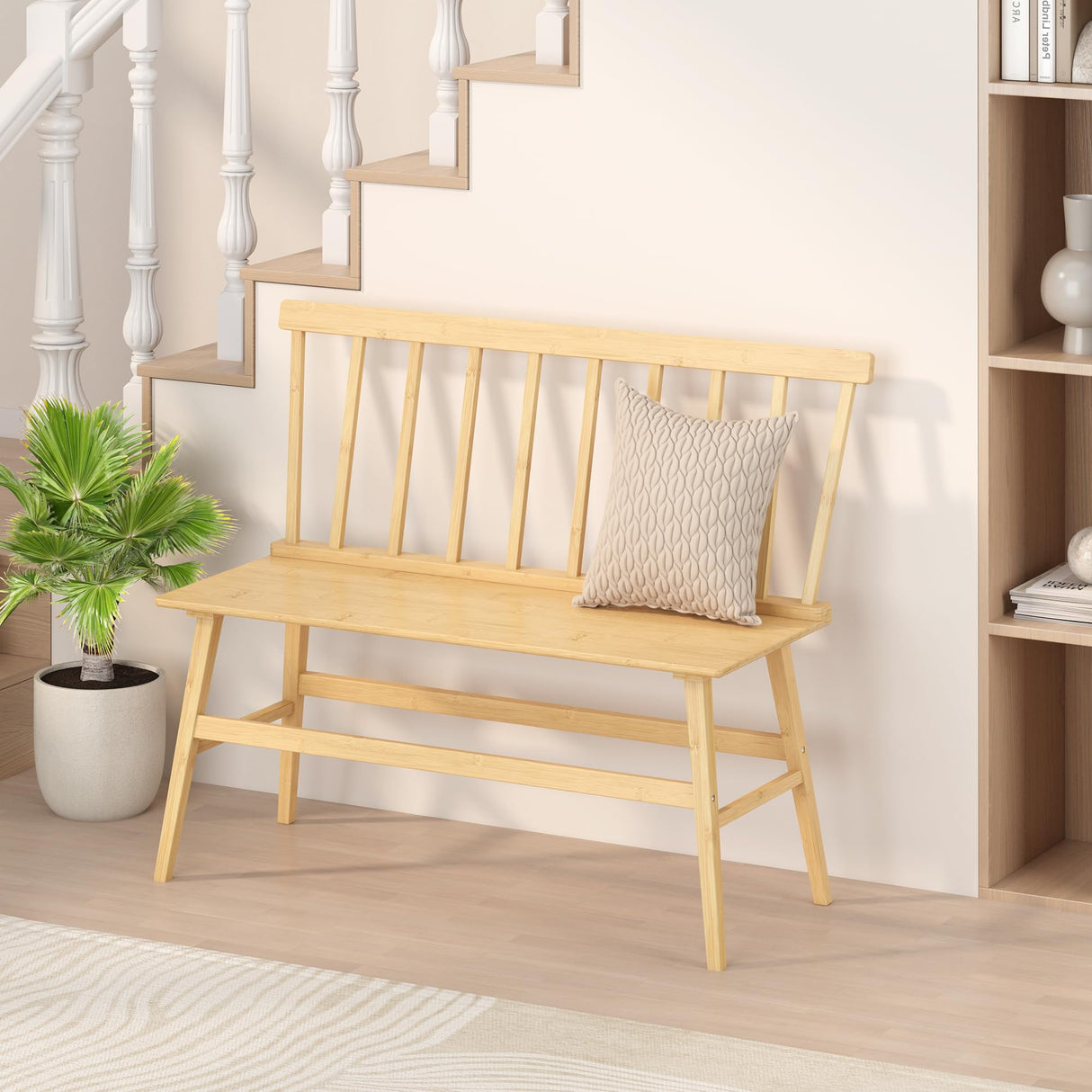 Wisuce Essentials Bamboo Dining Bench, Black Entryway Bench with Spindle Back Farmhouse Wood Windsor for Foyer Balcony Living Room (Nature) (Nature) Wisuce Essentials