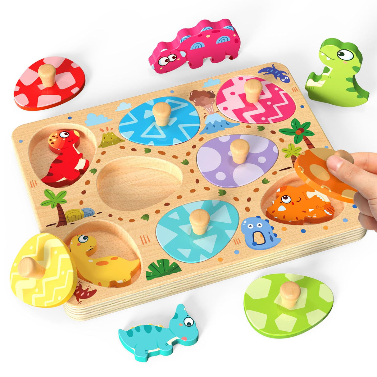Zeoddler Wooden Puzzles for Toddlers, 8 Pcs Dinosaur Matching Egg Puzzle, Montessori Toys for Boy Girl Easter Birthday Gifts, Preschool Learning Activities & Educational Toys for Boys, Girls Zeoddler