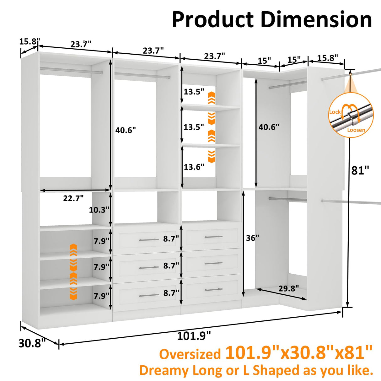 Vomavex Closet System with 4 sets, 101.9" Closet Organizer Systems with 6 Drawers & 8 Hanging Rods & Adjustable Shelves, Walk in Closet Standing Closet System, Corner Closet System Set, White vomavex