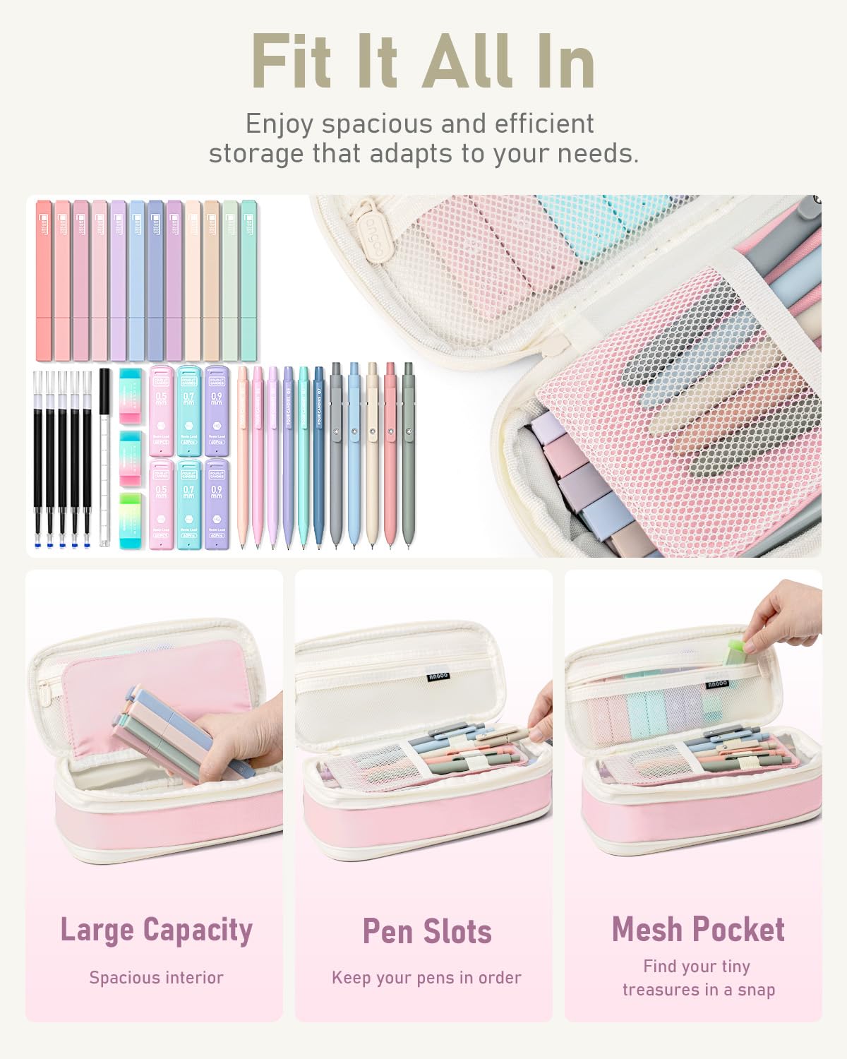 Four Candies 39 PCS Aesthetic School Supplies with Cute Pen Case, 12 Pastel Highlighters, 5 Black Ink Gel Pens, 6 Mechanical Pencils Set 0.5 & 0.7 mm for Students Stationary College Essentials (Pink) Four Candies