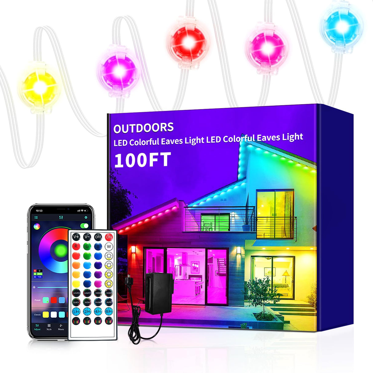 Yocrostar Permanent Outdoor Light,100ft RGB Eave Lights with App Control Remote,IP67 Waterproof LED Lights,Music Sync Outside Light for Christmas,Halloween,Garden,House Decorations Yocrostar