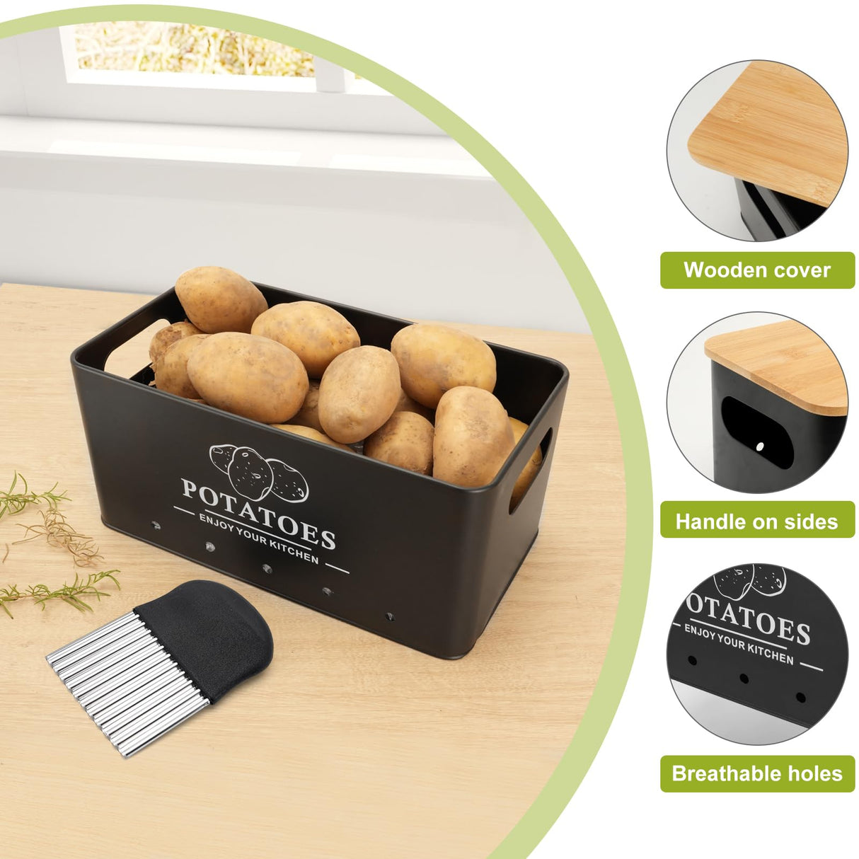 Dekosilave Kitchen Vegetable Storage Set of 3, Metal Onion Garlic Potato Storage Set, Kitchen Canisters Vegetable Keeper Containers with Aerating Holes and Wooden Lid (Black) Dekosilave