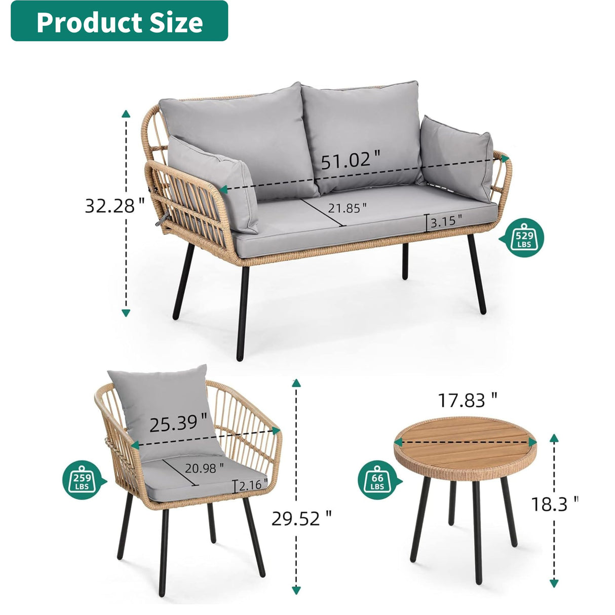 YITAHOME Sectional Sofa Couches for Living Room, 4 Seater Sectional Sofa Set with Thickness Cushions and Side Table - Grey YITAHOME