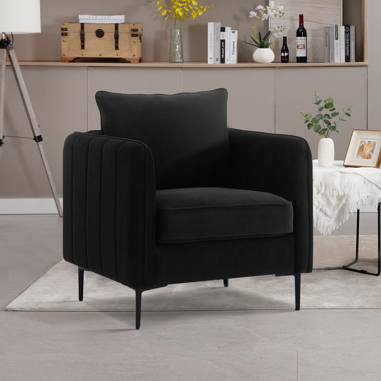 SUHELUFU Modern Black Velvet Accent Chairs, Comfy Upholstered Armchairs with Thick Cushion and Wood Frame for Living Room, Bedroom or Office SUHELUFU