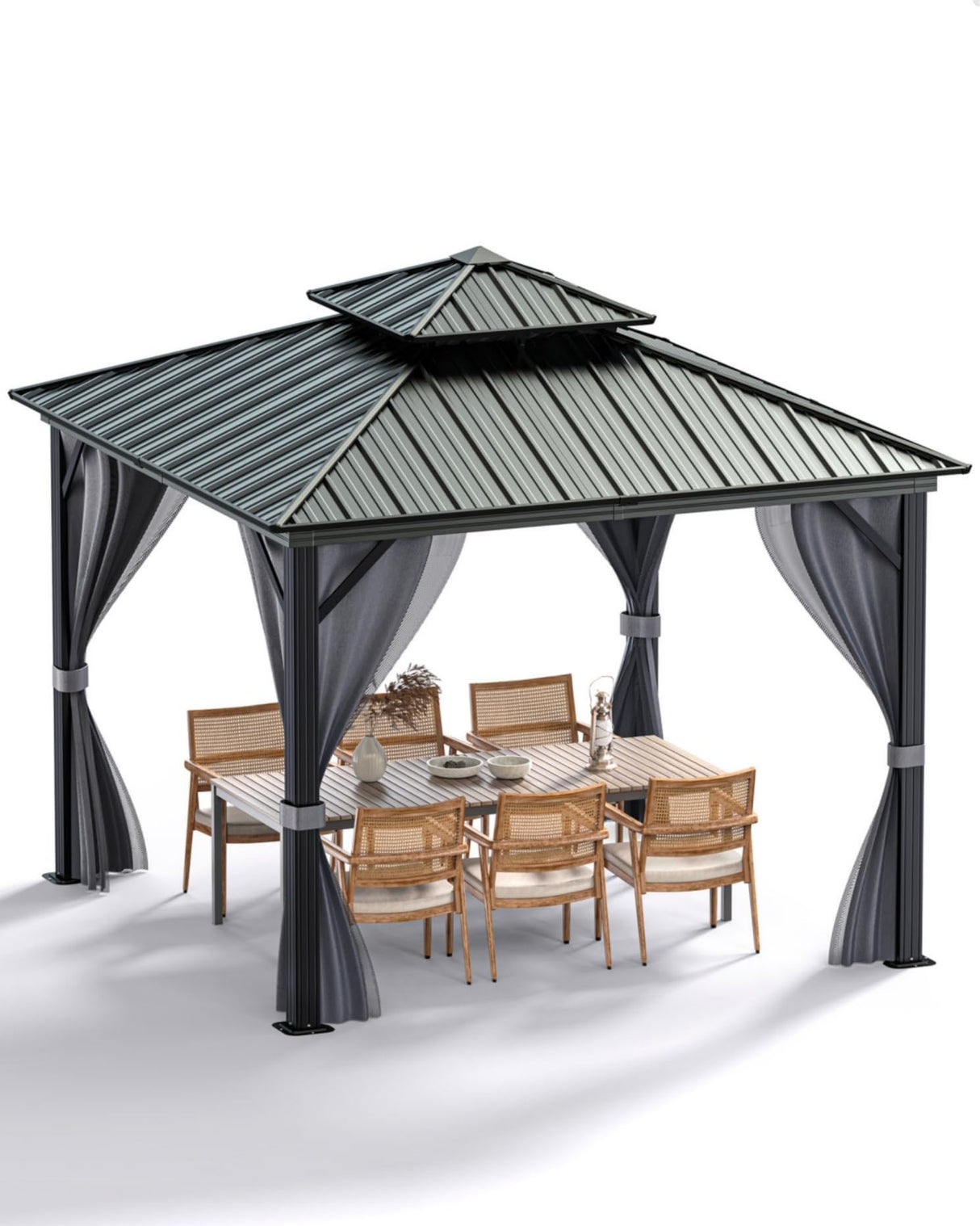 Hardtop Gazebo 12'x12' for All Weather, with Double Metal Roof, Aluminum Alloy Frame, and Net and Curtain, Permanent Building of Backyard Luxury for Patio, Deck, Backyard, Lawn, and Garden, Gray GAOMON