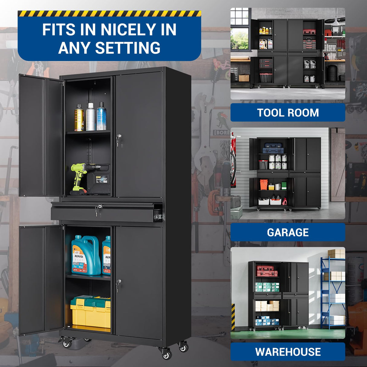 Fesbos 73" Metal Cabinet-Black Heavy Duty Rolling Storage Cabinet Steel Tool Cabinets with Wheels, Shelves, Lockable Doors and Drawers- for Garage, Pantry, Warehouse Home Office- Assembly Required Fesbos