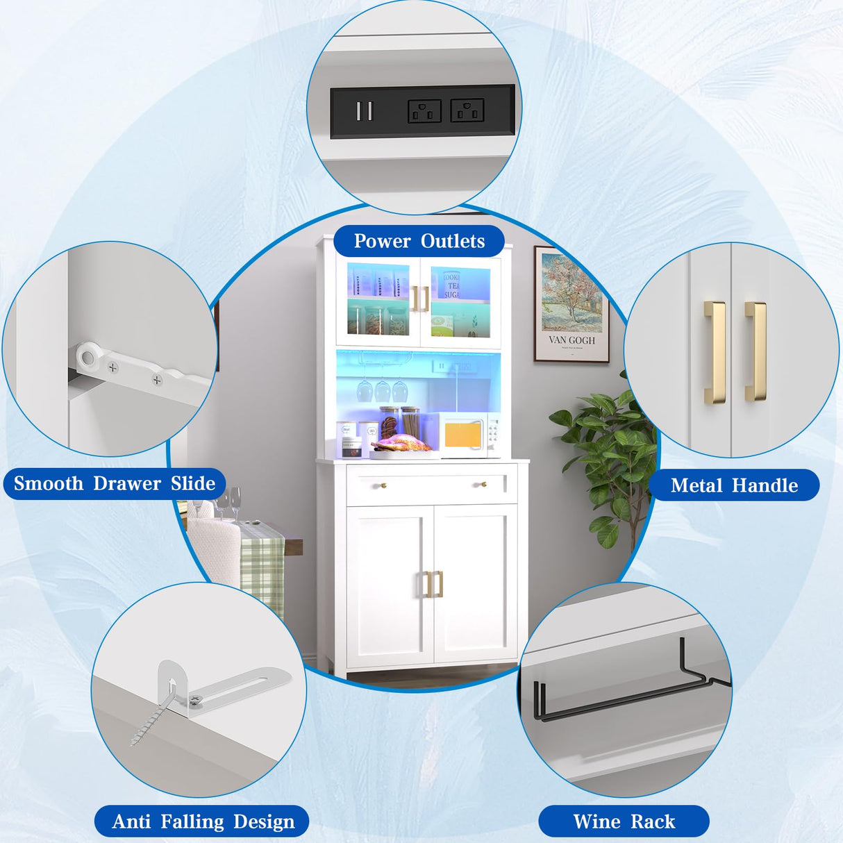 Yeyawomy 72" Tall Kitchen Pantry Cabinet with LED Light and Power Outlets, Farmhouse Large Storage Cabinet, Microwave Stand with Storage, Adjustable Cabinet Shelf, Kitchen Pantry White Modern Style Yeyawomy