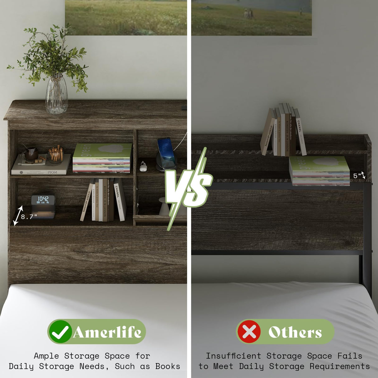 AMERLIFE King Size Wooden Platform Bed with Storage LED Bookcase Headboard and Charging Station, Rustic Grey AMERLIFE