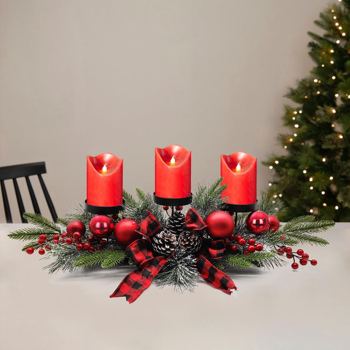 27.5-Inch Christmas Table Centerpiece with Candle Holders, Red Berries, and Pine Cones BAYN