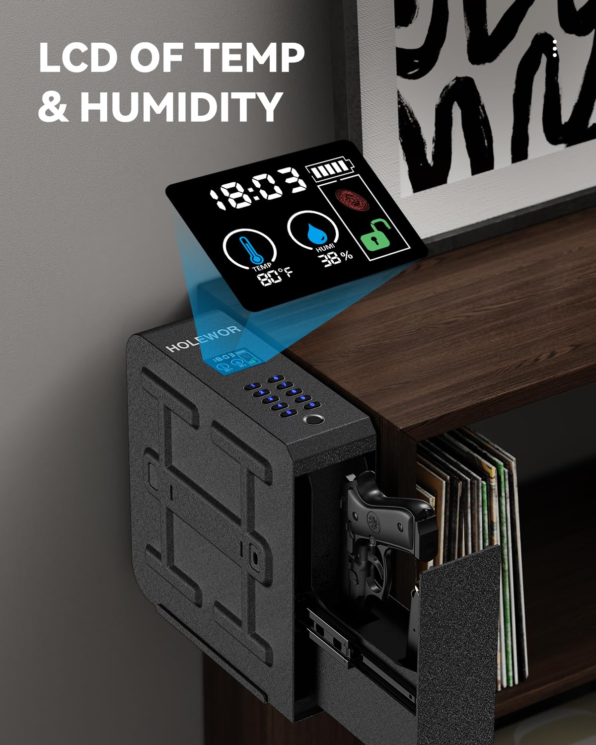 HOLEWOR Gun Safe, Slider Biometric Pistol Safe Fingerprint Handgun Safe, Mounted Single Gun Safe for Handgun with 3 Ways Quick Access Bedside Gun Safe for Nightstand, Bed, Desk, Wall, Dresser HOLEWOR