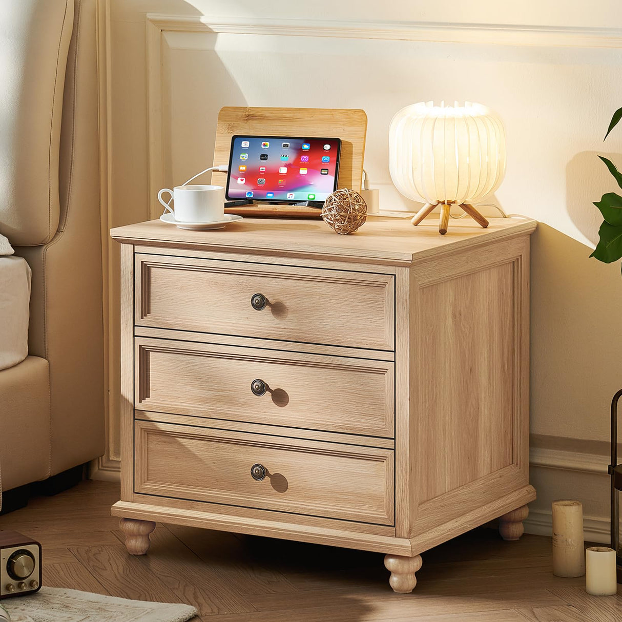 Joaxswe Farmhouse Nightstand with Charging Station, 24" Wide End Table with 3 Drawers,Natural Wood Dresser for Bedroom, Bed Side Table Chest of Drawers Cabinet,Night Stand for Living Room, Closet Joaxswe