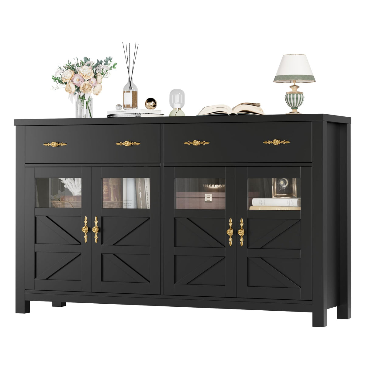 finetones Buffet Cabinet with Storage, 55.1" Large Sideboard Buffet Cabinet, Farmhouse Sideboard Kitchen Cabinet with 2 Drawers and 4 Doors, Wood Coffee Bar Cabinet Buffet Table for Kitchen, Black finetones