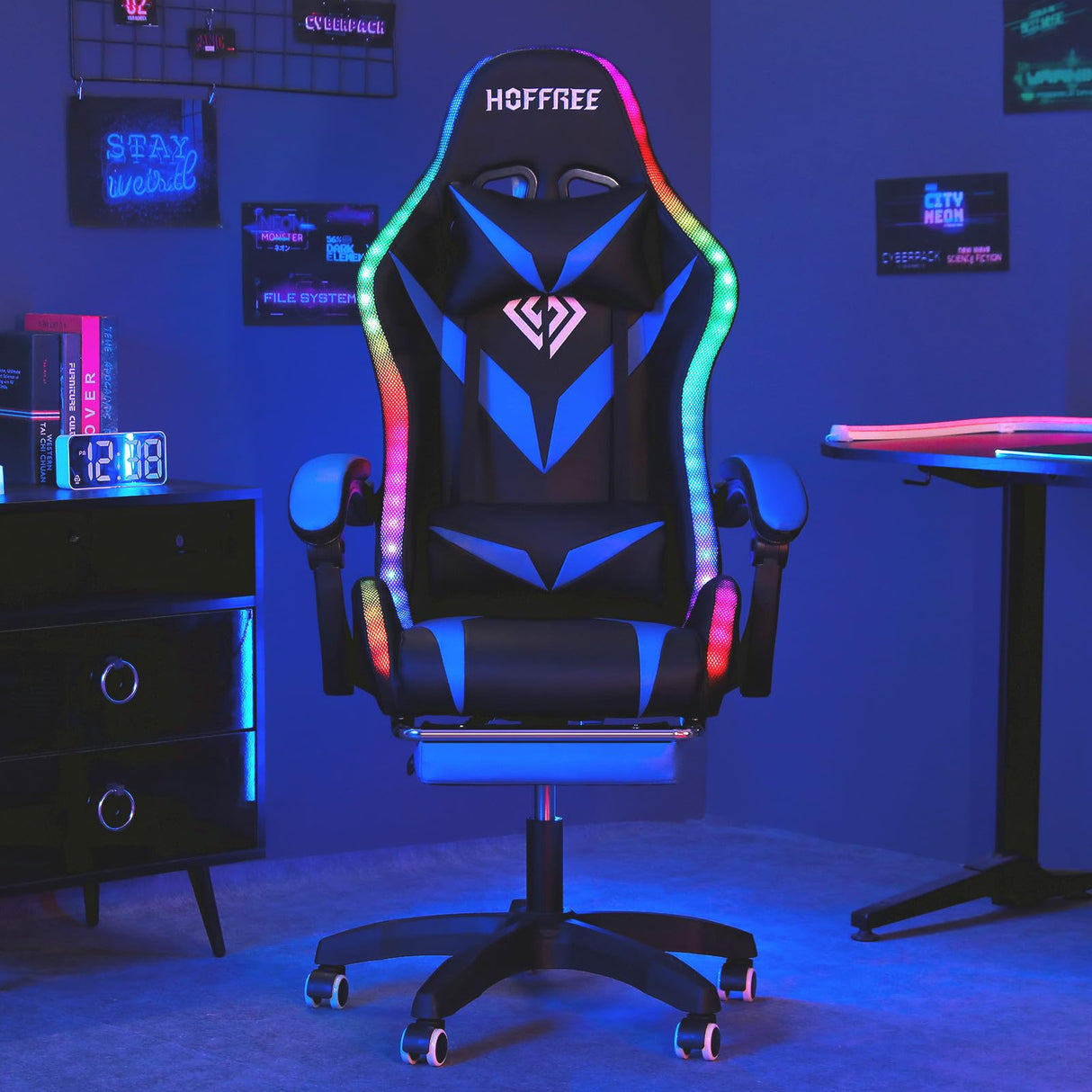 HOFFREE Gaming Chair Massage with Bluetooth Speakers and Led Lights Ergonomic Computer Gaming Chair with Footrest RGB Video Game Chair with High Back Lumbar Support Blue and Black HOFFREE