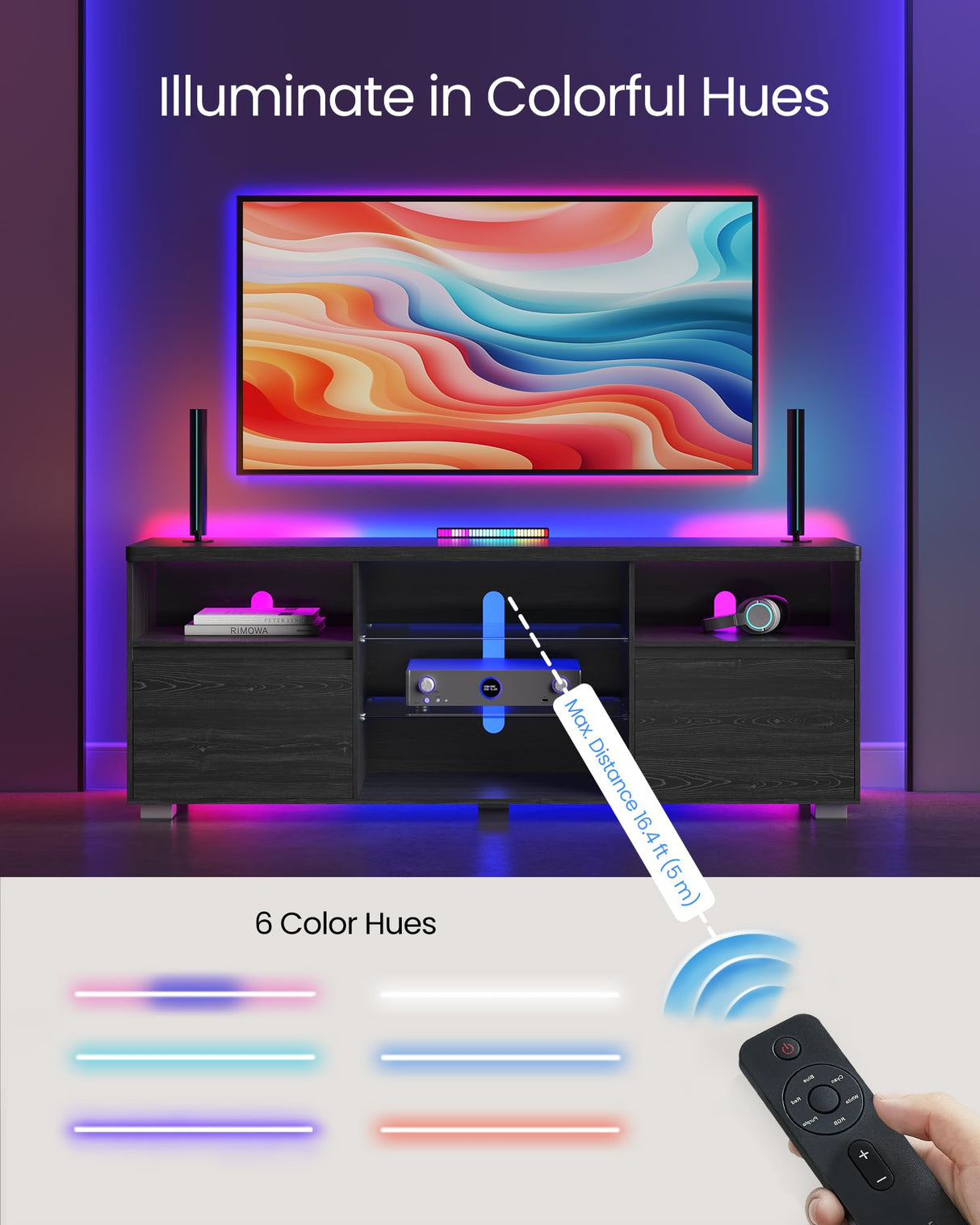 VASAGLE TV Stand with LED Lights for TVs up to 70 Inch, Entertainment Center with Open Glass Shelves, 2 Cabinets with Doors, 63-Inch Long, TV Console for Bedroom Living Room, Black ULTV330T21 VASAGLE