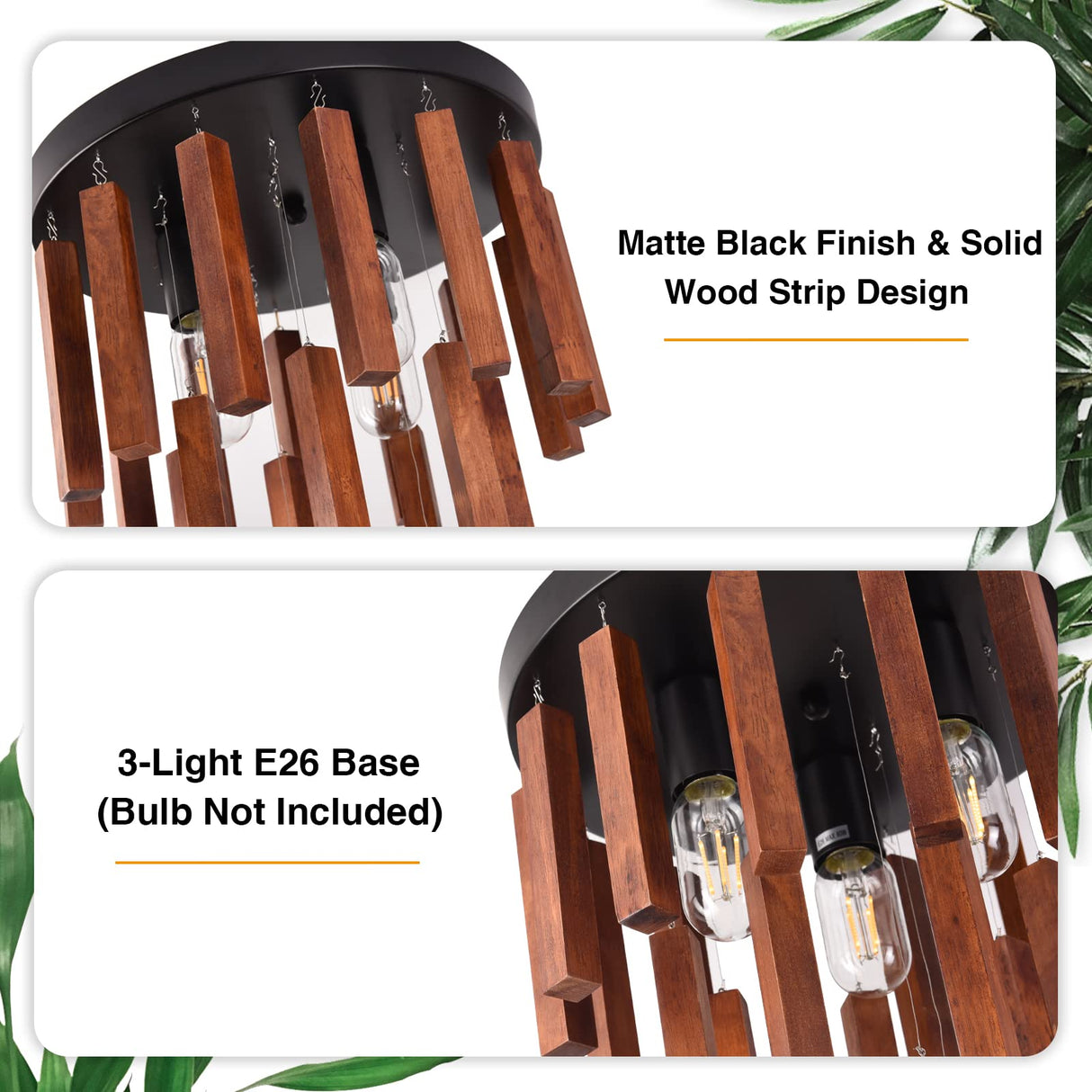 Farmhouse Flush Mount Ceiling Light Fixture, Rustic 3-Light Wood Strip Close to Ceiling Lights,Retro Vintage Red Oak and Black Kitchen Ceiling Lighting for Hallway Bedroom Entryway Living Dining Room Neechicx