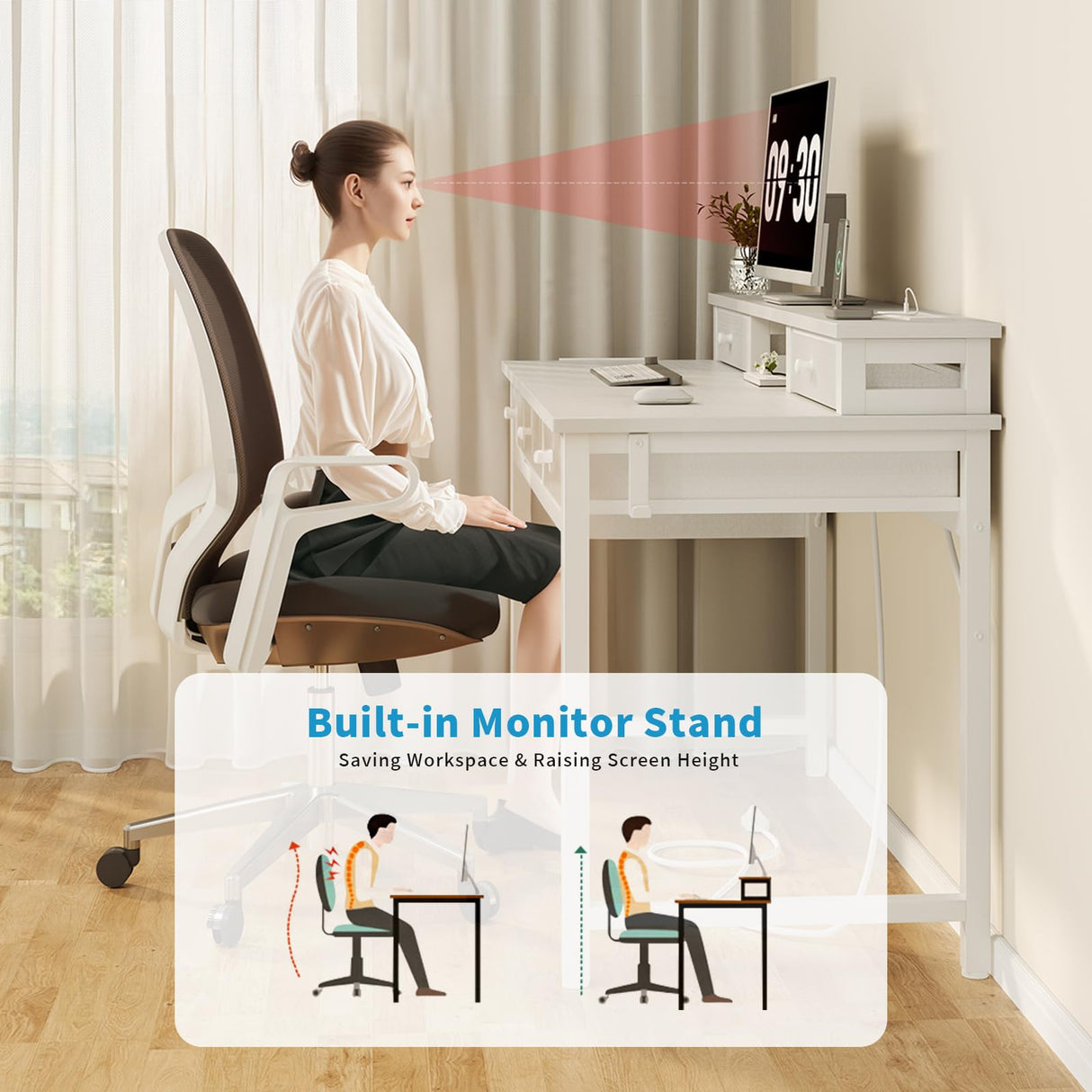 Lufeiya White Computer Desk with Fabric Drawers for Home Office, 40 inch Vanity Makeup Desk with Drawers Storage for Bedroom, Writing Study Table with Power Outlet & Monitor Stand, White Lufeiya