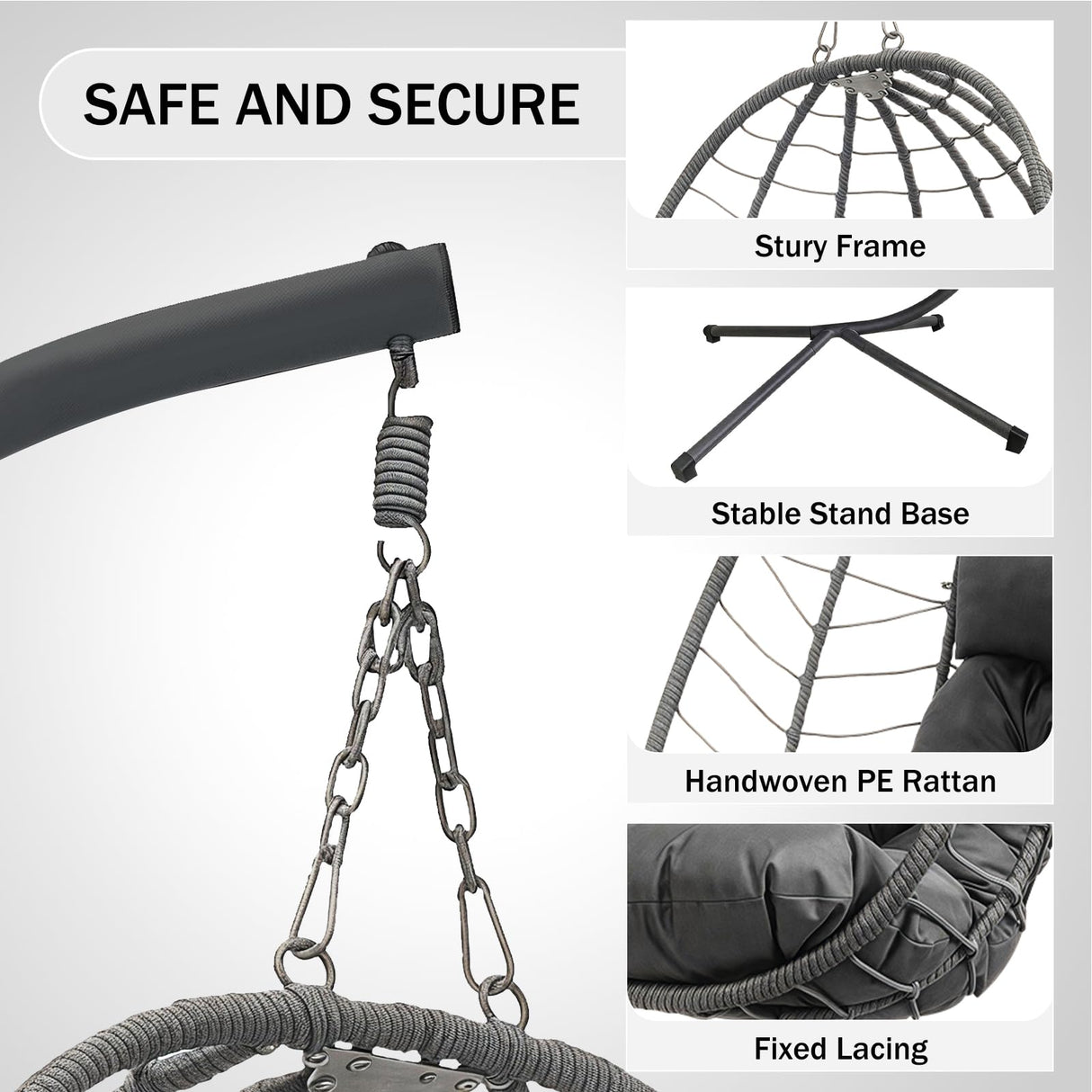 Hanging Egg Chair with Stand, Outdoor Patio Rattan Wicker Swing Egg Chair, Outdoor Indoor Hammock Chair for Porch, Living Room, Poolside and Balcony, 350LBS Capacity, Dark Grey XZHQHB