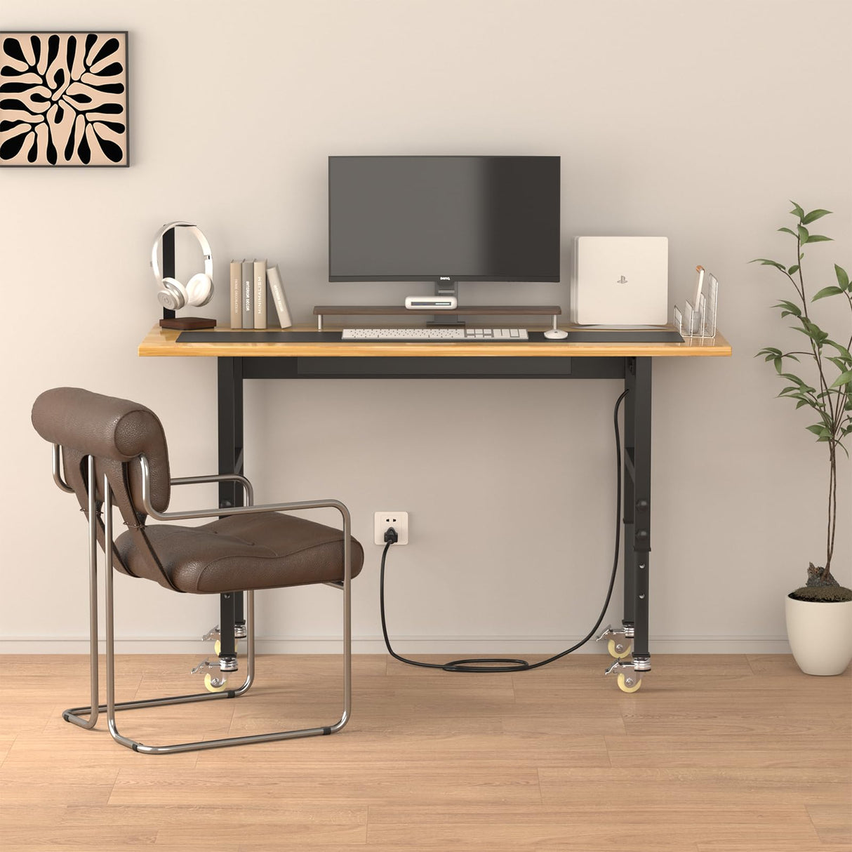 Pelnuies Workbench, 60" Adjustable Height Work Table with Power Outlet, Drawer and Wheels, 2000 LBS Load Capacity Hardwood Work Bench for Garage, Workshop, Home, Office (60" X 24") Pelnuies