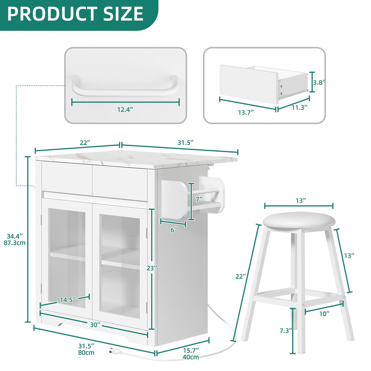 YITAHOME Rolling Kitchen Island with Seating and LED Lights, Mobile Storage Islands with Drop Leaf, Dining Table with Power Outlet, 2 Drawers and Soft Stools, Spice/Towel Rack, Marble Finish, White YITAHOME