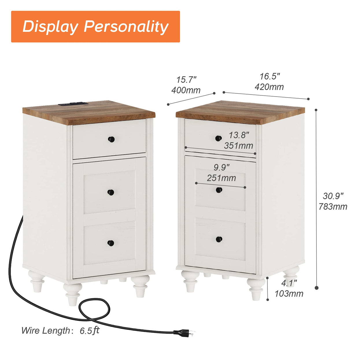 WAMPAT Set of 2 End Table with Charging Station, Wood Nightstands with Drawer and Storage Cabinet, Modern Side Tables Living Room Set of 2, Farmhouse Night Stands Bedside Table for Bedroom, White WAMPAT