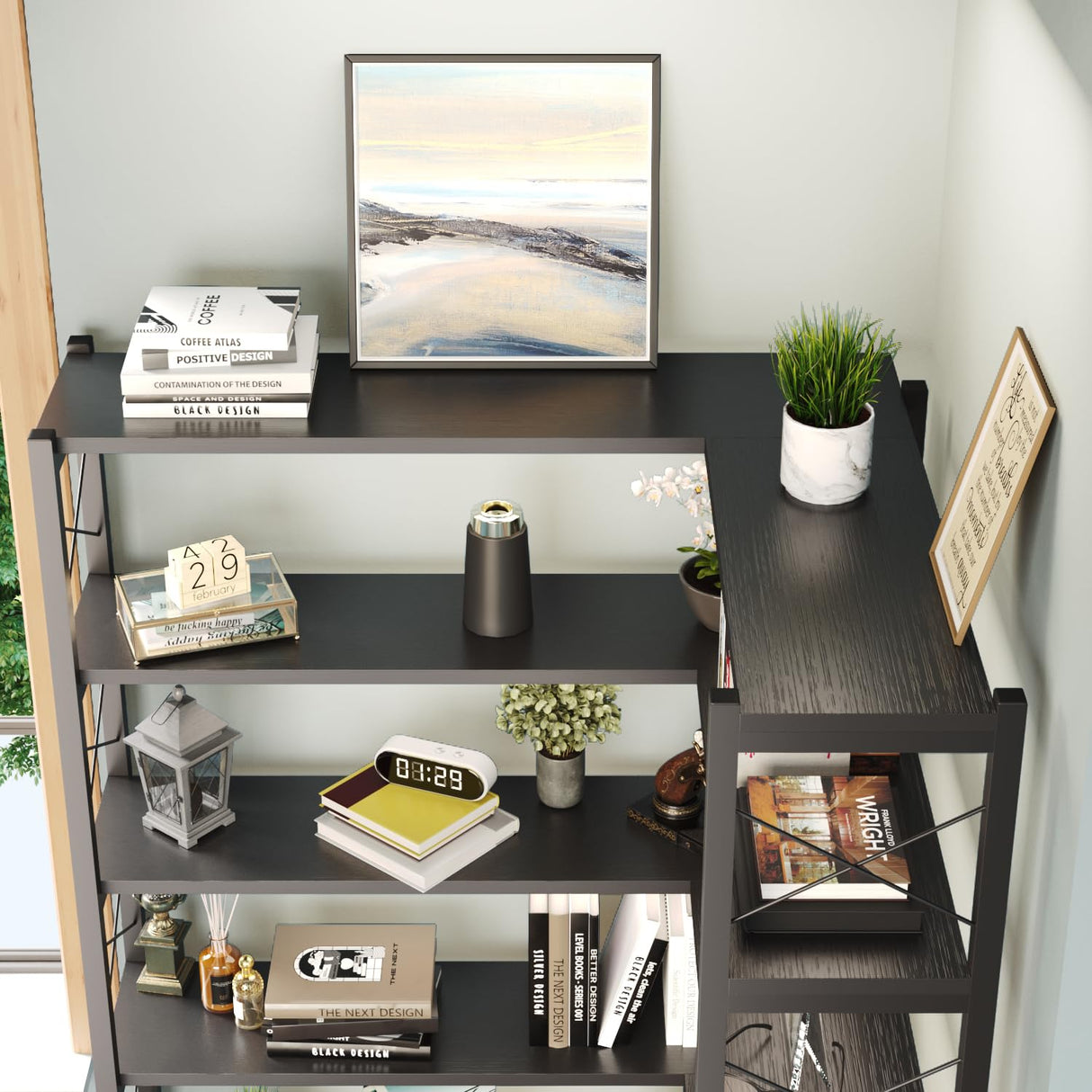 GLAUBIO 6 Tier Small Corner Bookshelf with Storage Cabinet,L Shaped Black Bookshelf with Doors,Industrial Corner Plant Stand,Corner Book Shelf,Small Bookcase for Living Room, Home Office GLAUBIO