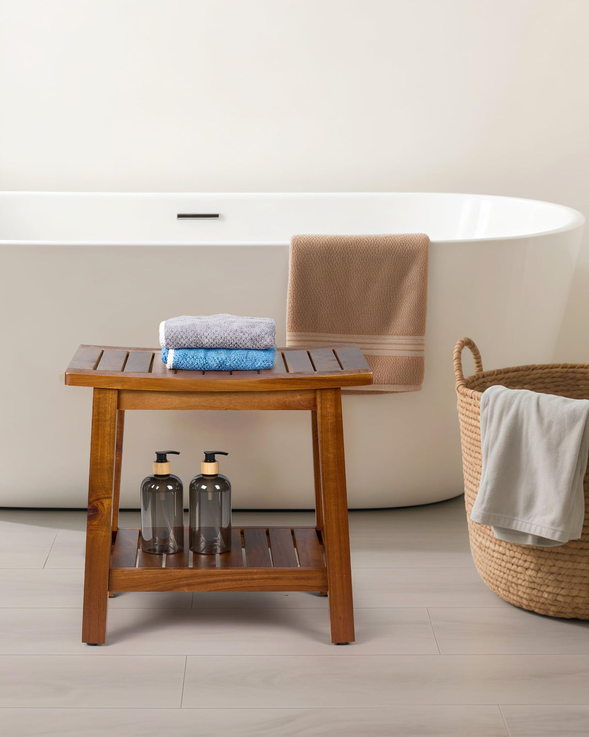 Upolana Outdoor Shower Bench, 20" Solid Acacia Wood Shower Stool Waterproof Shower Seat with Storage Shelf for Bathroom - SB001 Upolana