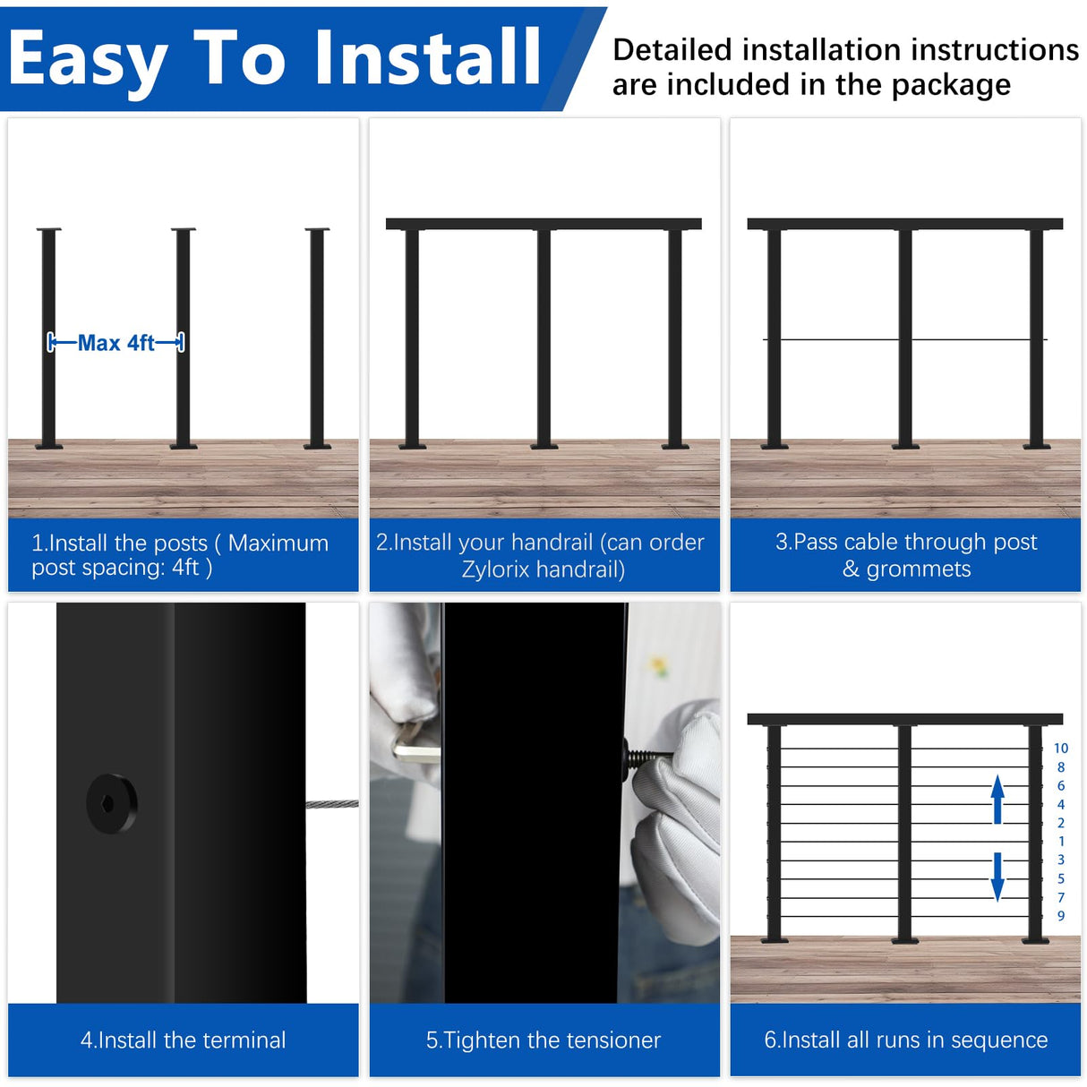 Zylorix 36" One-Stop Black T304 Cable Railing Posts Kit(Flexible DIY), Include 4Pack Level Drilled Line Posts, 177ft 1/8" Wire Rope, Complete Cable Railing System DIY Kit with Cutter(No Handrail) Zylorix