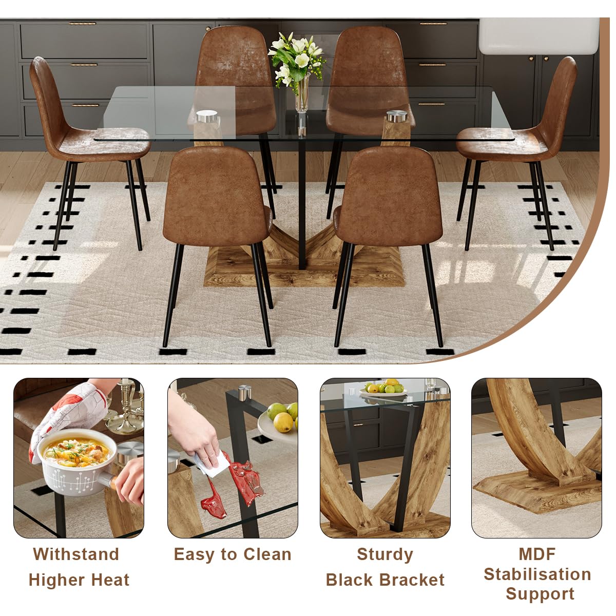 JEARGE 71" Glass Dining Table Set for 6, 7 Piece Dining Table Set,Tempered Glass Table Top with U-Shaped Legs and Fabric Dining Chairs,Ideal for Kitchens, Living Rooms JEARGE