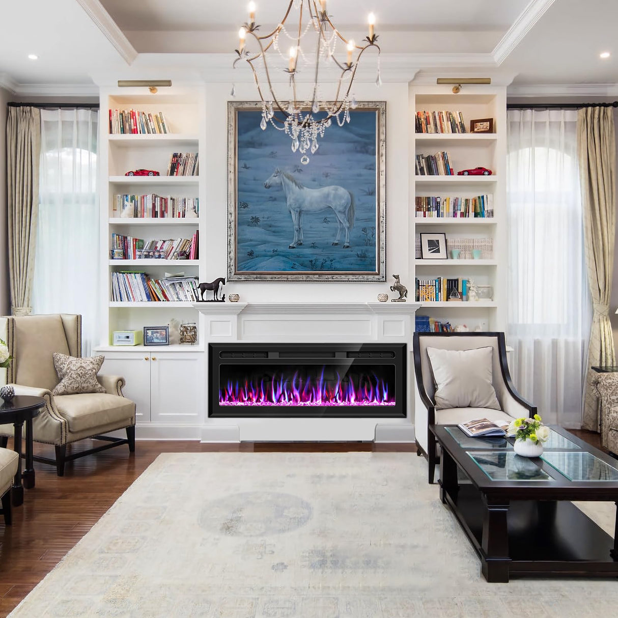 Hocookeper 60 inch Electric Fireplace, Wall Mounted and Recessed Fireplace Linear Fireplace Insert with Remote Control, Adjustable Flame Colors, Timer,750w/1500w, Black Hocookeper